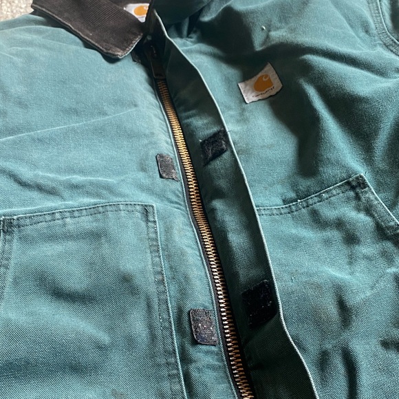 🍒V I N T A G E Carhartt Teal Duck Work Jacket with Dark Corduroy Collar R A R E - Picture 5 of 10